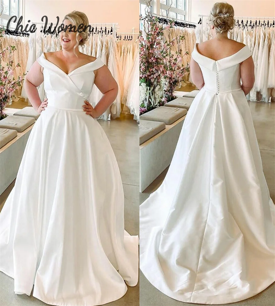 

Plus Size Satin Wedding Dress 2023 Elegant Off Shoulder A Line Boho Beach Bridal Dress Sexy Women Bohemain Country Bride Modern