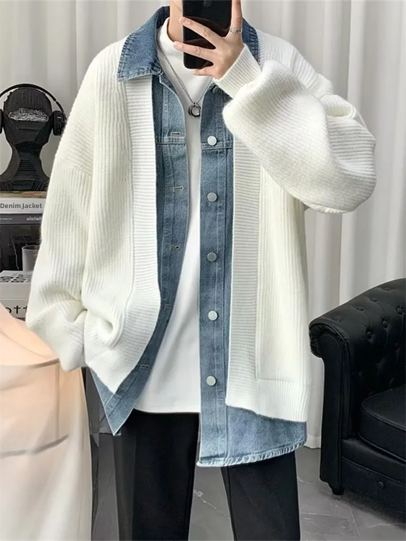 Denim Patchwork Fake Two-Piece Open Cardigan Sweater Men's Autumn Winter Casual Loose Knitted Wear for Youth Spring 2024