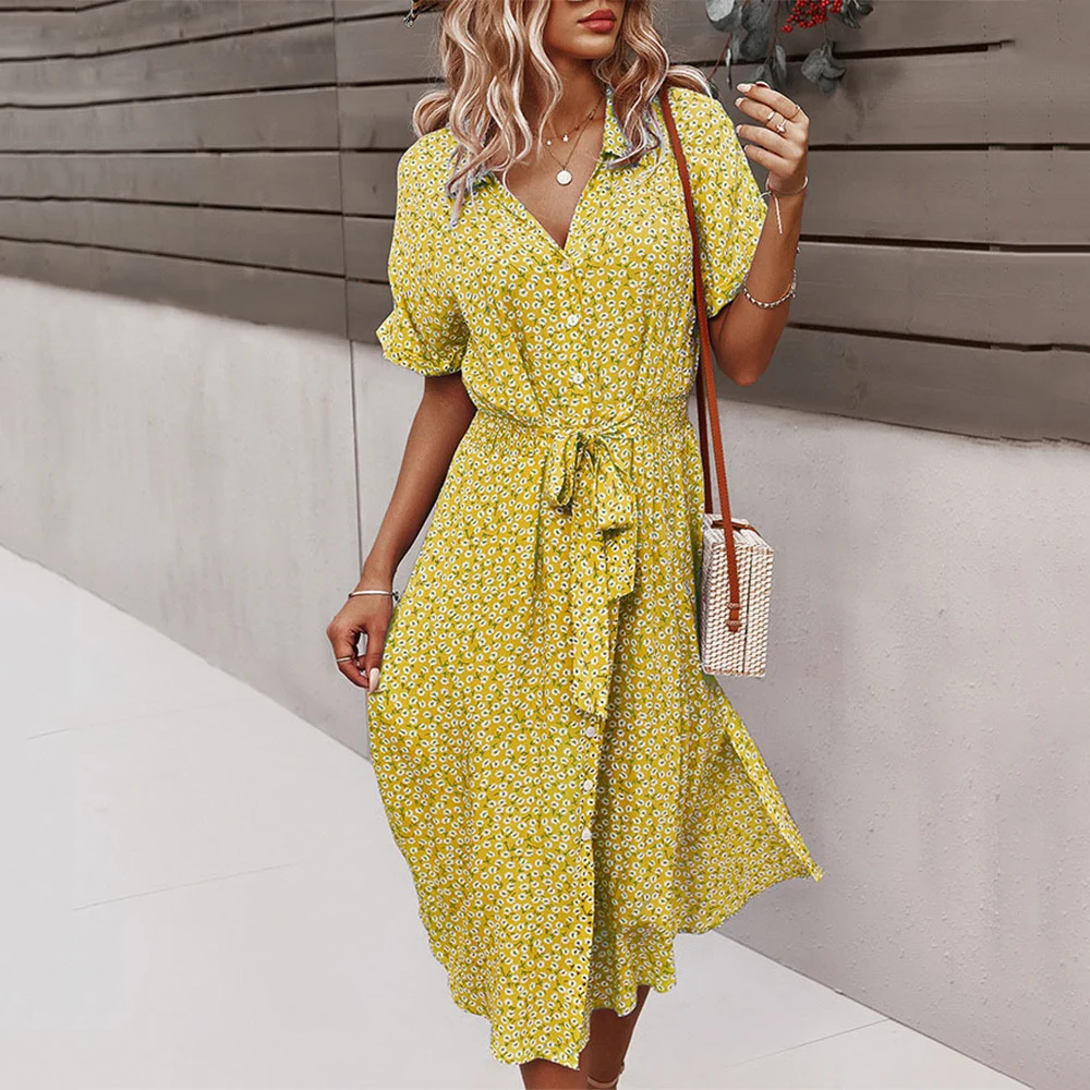 Abito longuette floreale da donna Casual manica corta con bottoni Abiti da vacanza 2023 Estate femminile con scollo a V Beach Boho Lace up Elegante abito