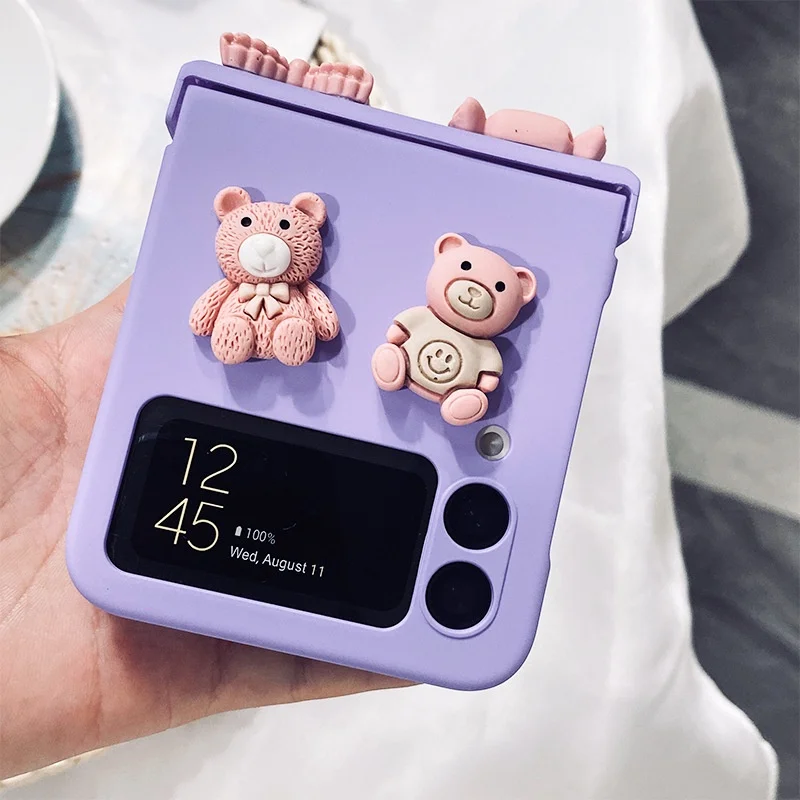 For Samsung Galaxy Z Flip 6 5 4 3 5G Purple Mobile Phone Case Fashion DIY Cute Cartoon Candy Cow Bear Hinge Protective Cover