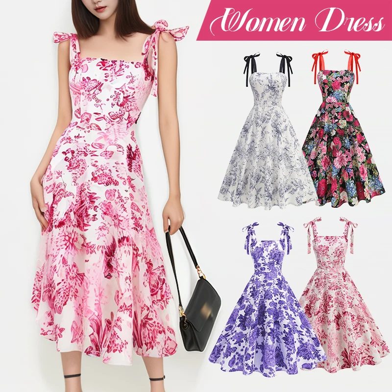 Abito da donna anni '50 anni '60 retrò multicolore stampato floreale vestibilità vintage con papillon cinghie abito senza schienale compleanno ballo di fine anno abito da festa