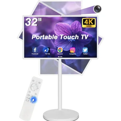 Televisor Portátil con Pantalla Táctil de 32 Pulgadas 360SPB sobre Ruedas con Cámara Integrada, Pantalla Inteligente Android 4K para el Hogar, Gimnasio y Uso Comercial