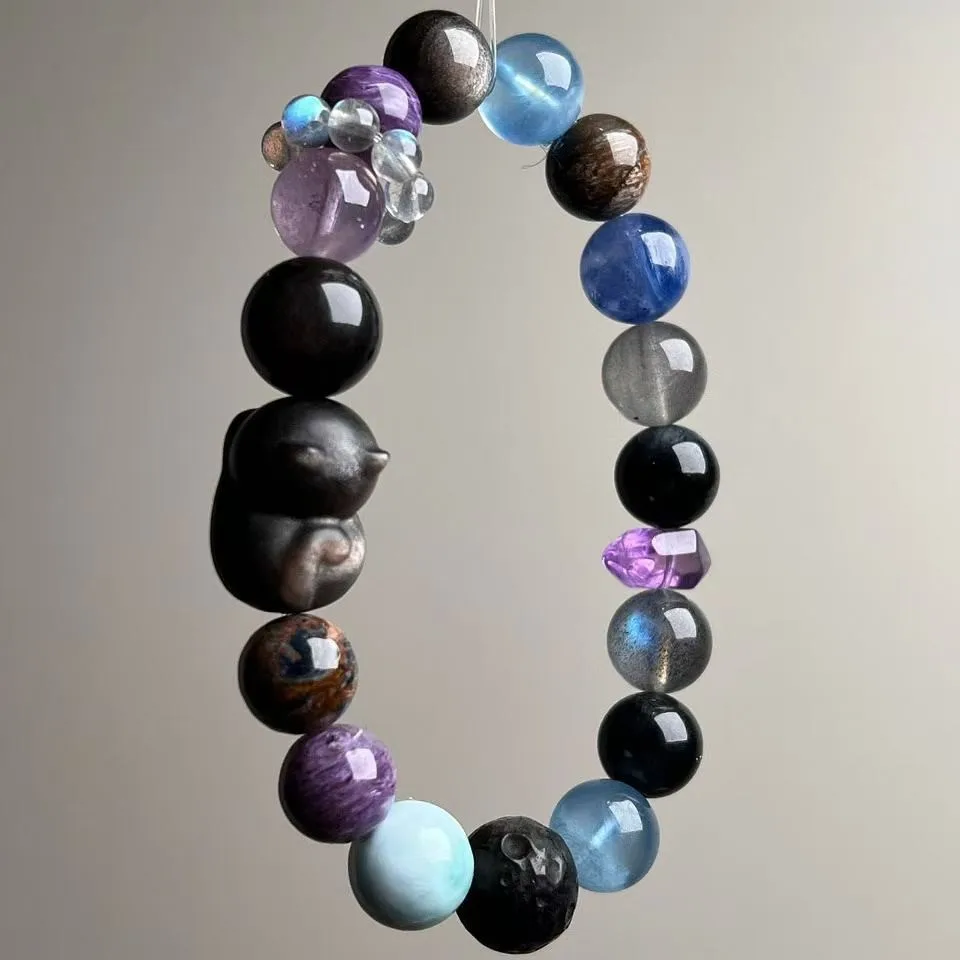 

Natural Crystal Bracelet - Amethyst, Aquamarine, Silver Obsidian Cat Shape - Women's Bracelet, High-End, Cute