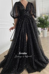 Lorrtta V-neck Evening Dress Graduation Gown Puff Sleeves Slit Star Mesh Fabric Party Black International Dresses Ball Gowns