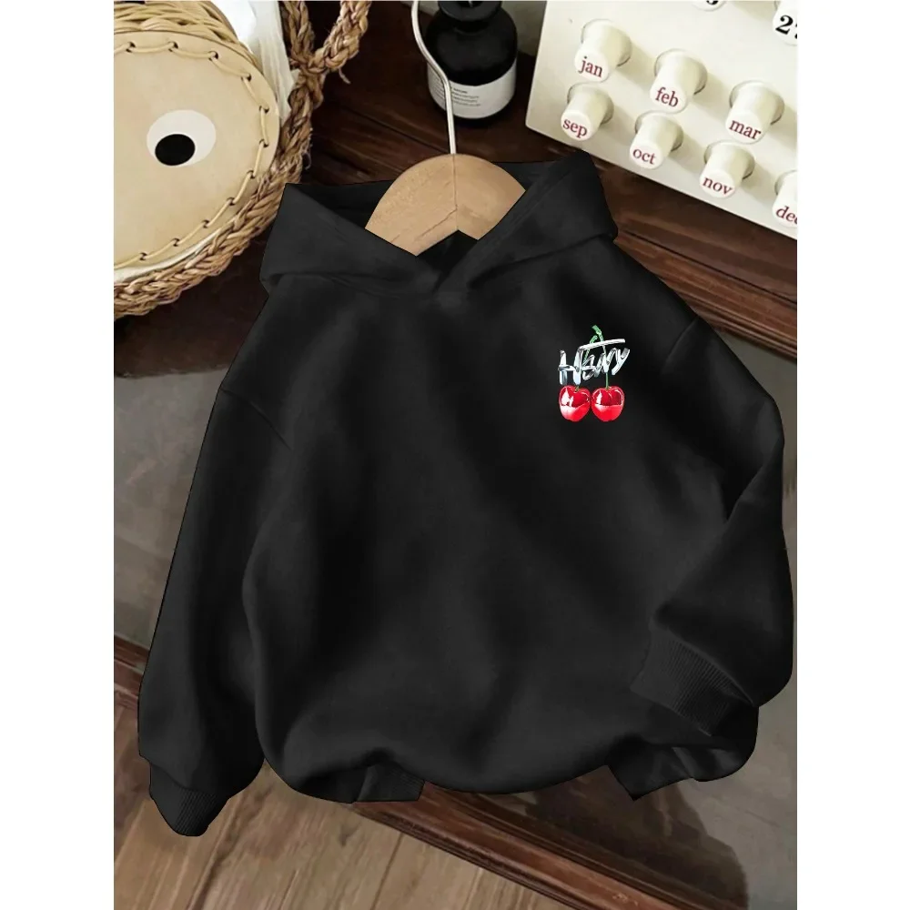 Casual children's hoodie featuring cherry and letter prints—new autumn/winter sweatshirt for boys and girls.