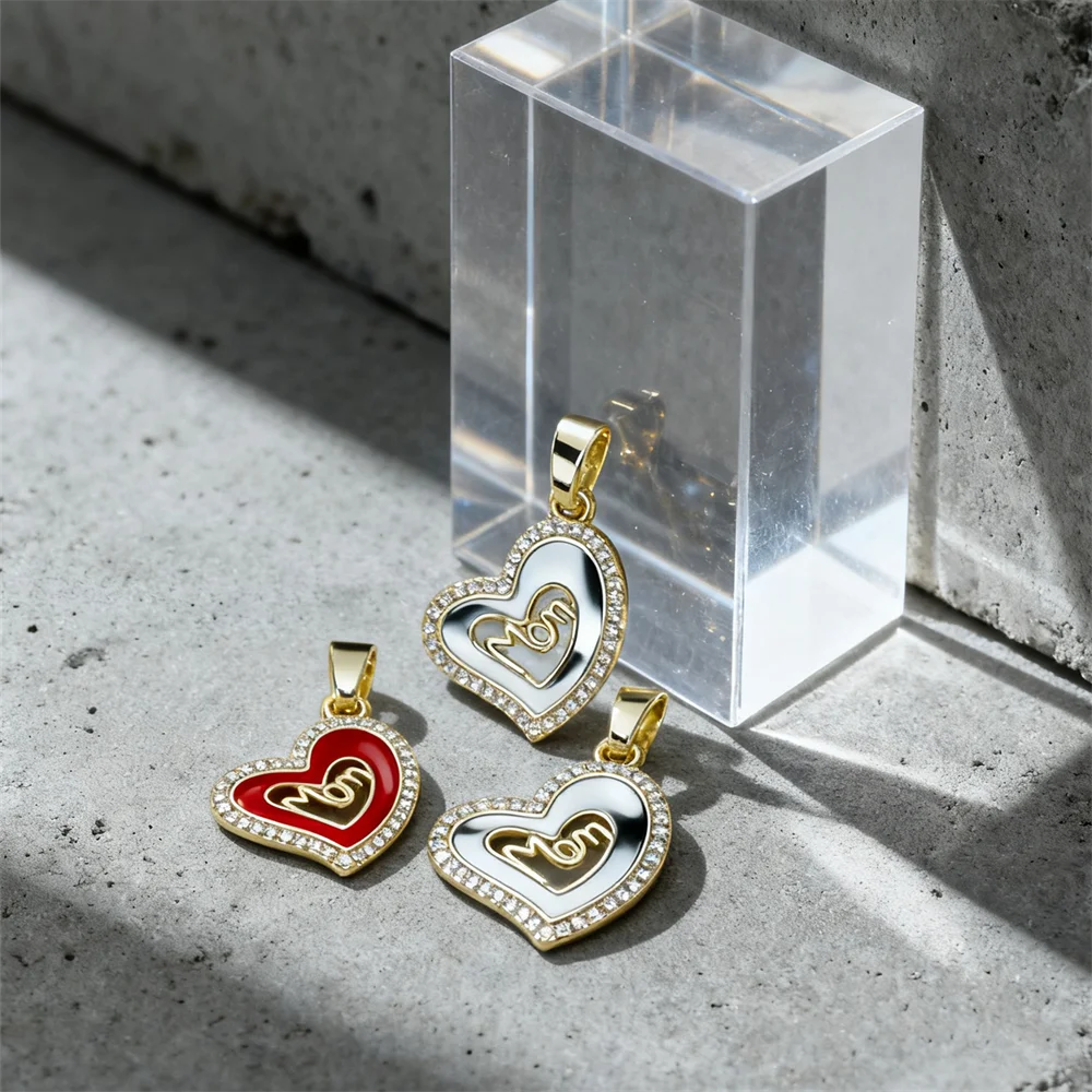 4Pcs Pendants Brass Enamel Heart Mom Charms Cubic Zirconia for DIY Jewelry Necklace Bracelet Romantic Family Style Accessories