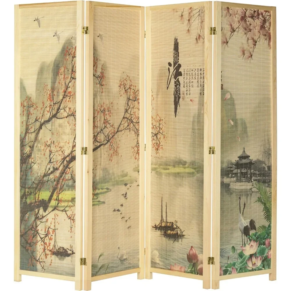 

Decorate 4-panel Folding Bamboo Room Partition with Asian Style Cherry Blossom Scene, Independent Room Partition in Beige