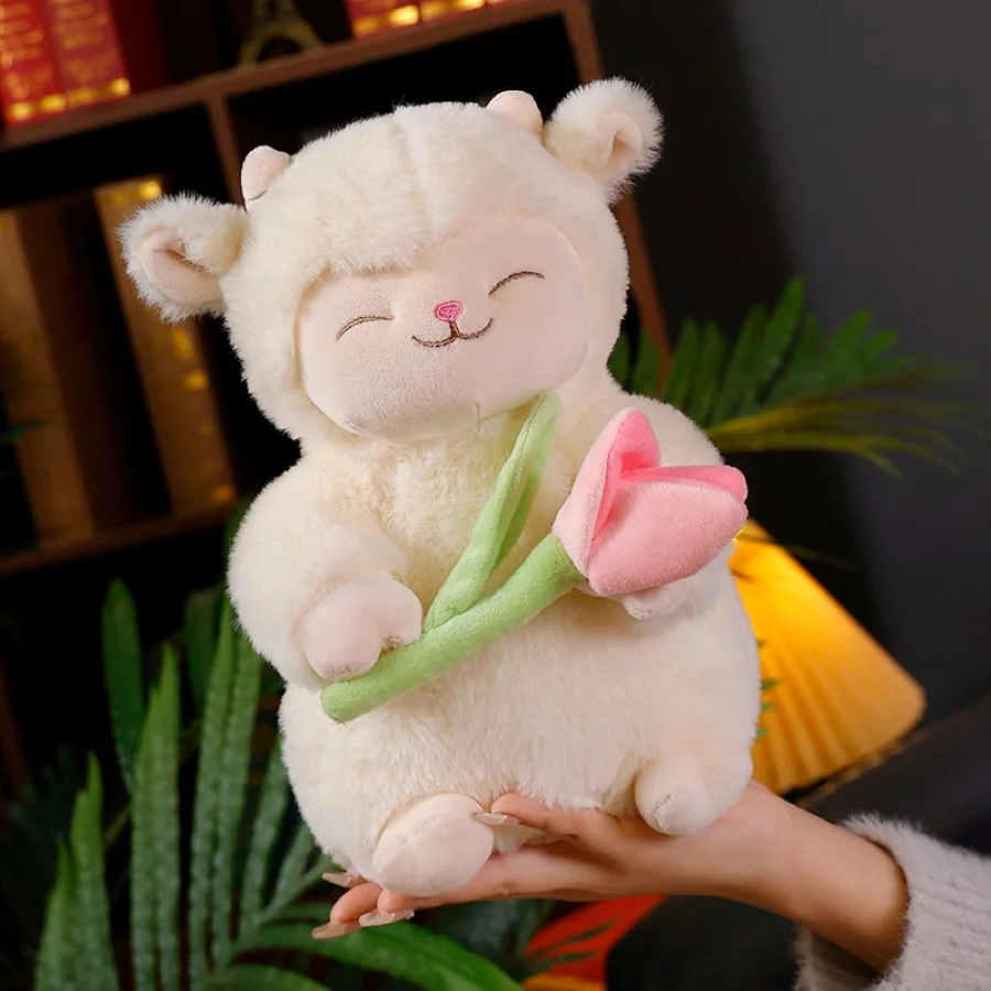 Kawaii Sweet White Sheep Lam Hold Tulip Flower Plush Doll Soft
