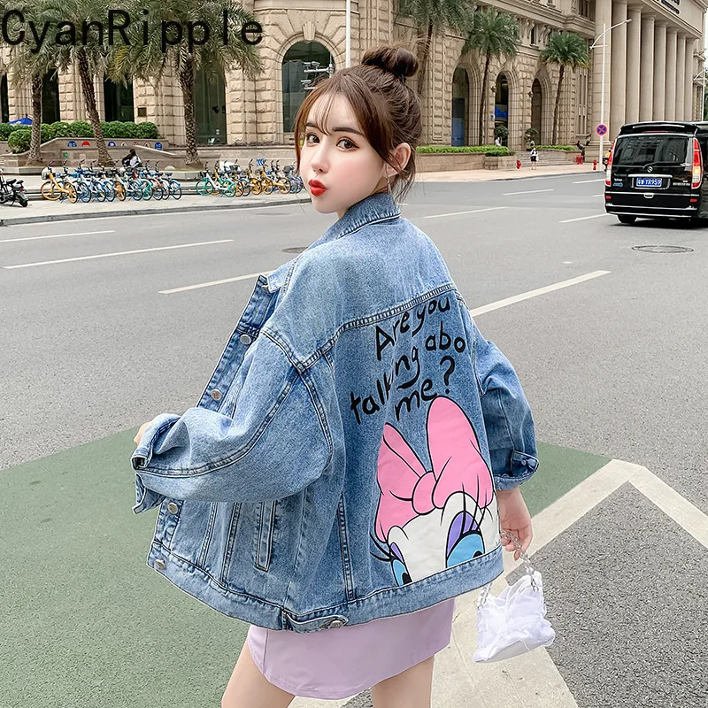 

2026 New Spring Autumn Loose Women Denim Jacket Cute Age Reduction Cartoon Printed Dingle-breasted Long Sleeve Cardigans Coat