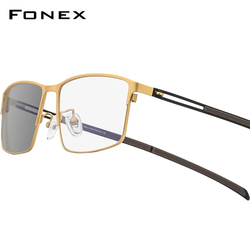 FONEX Photochromic Gray Glasses Frame Men Alloy Square Anti Blue Light Eyeglasses Korean Germany Screwless Eyewear AB1010