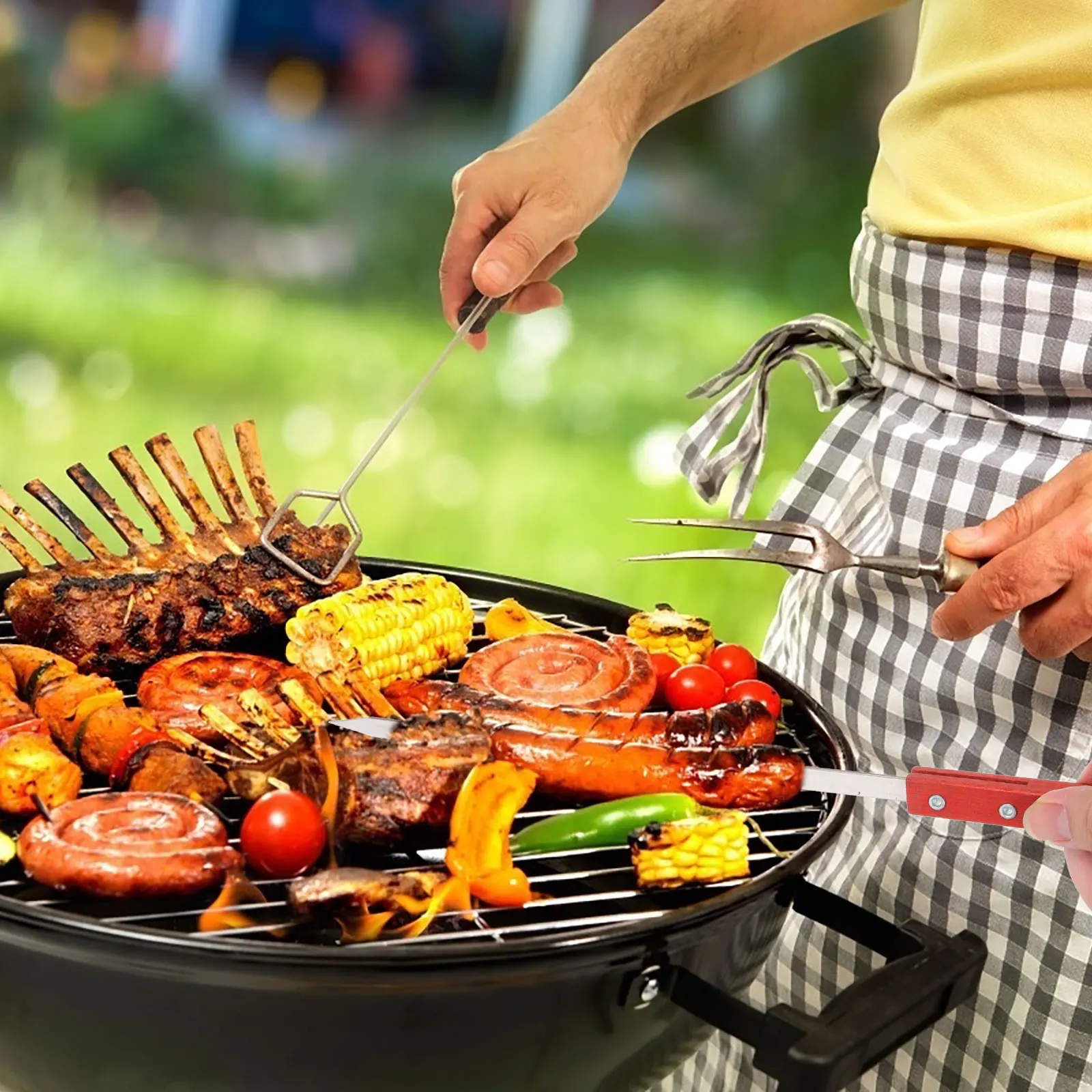 

8pcs Stainless Steel Barbecue Skewers Reusable Metal Meat Forks Grilling Bbq Outdoor Picnic Camp Wooden Handle Durable