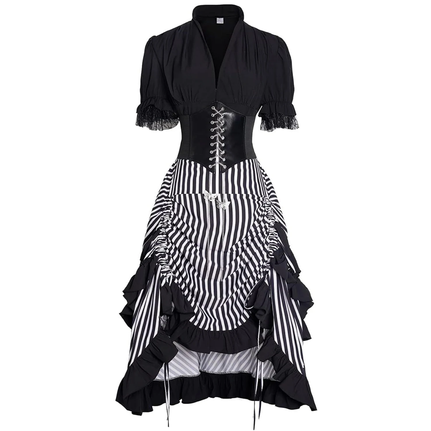 Victorian Gothic Black White Stripe DressMedieval Bustle Vintage