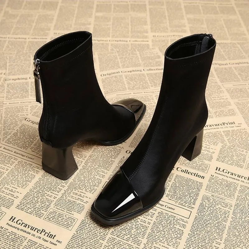 Women's Ankle Boots Suede High Heels Square Toe Fashion Shoes Chunky Motorcycle Boots Trend Winter New Chunky Heels Short Boot