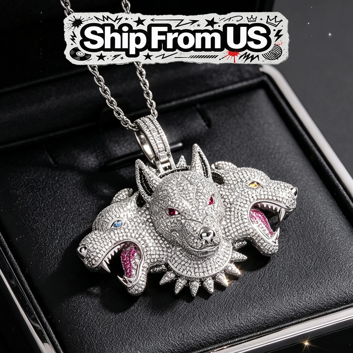 3D Hip Hop Charm Micro Pave Cubic Zirconia Iced Out Cerberus Three-Headed Dog Pendant 18K Gold Plated Bling Mythology Inspired Necklace Colorful Gem Eye Trendy Rap Street Accessory For Hiphop Fans For Party Club Daily Wear Fine Jewelry Gift For Men Rapper