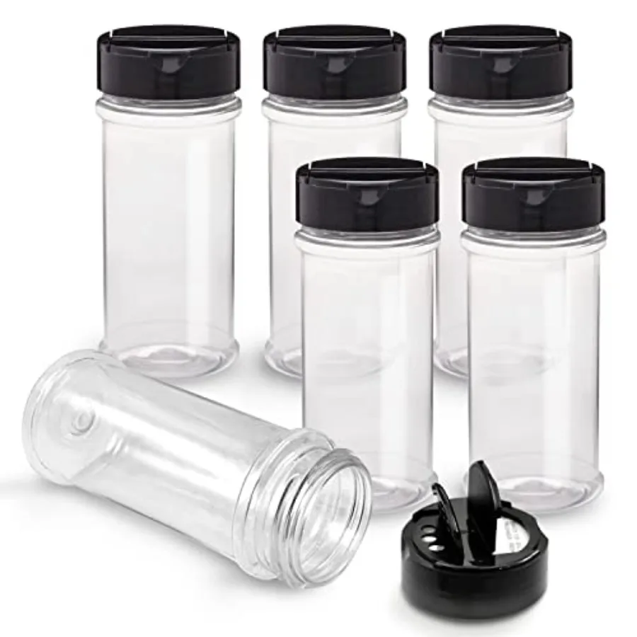 6 Pack 5.5 Oz Plastic Spice Jars with Black Cap, Clear and Safe Plastic Bottle Containers with Shaker Lids for Storing Spice, H