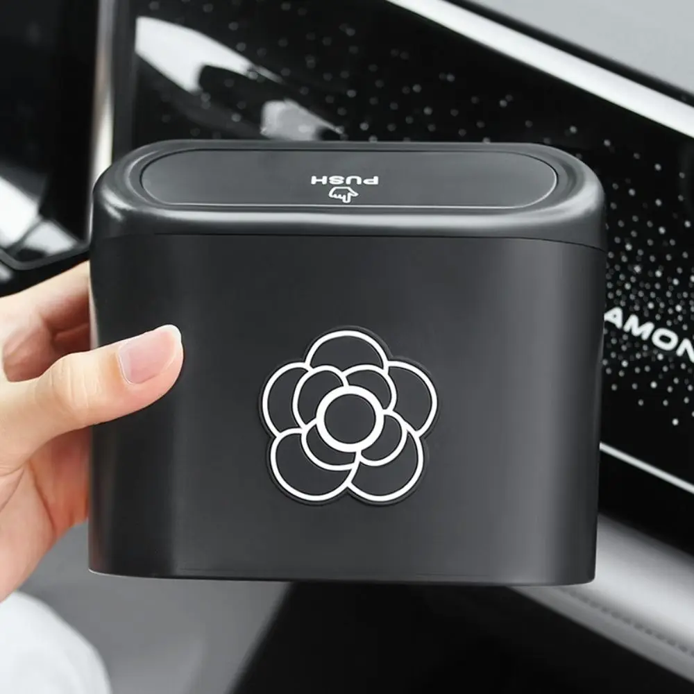 Camellia Pattern Car Trash Bin Self Rebound Cover Flip Cover Car Interior Storage Case Buckle Mounting ABS Hanging Trash Bin Car