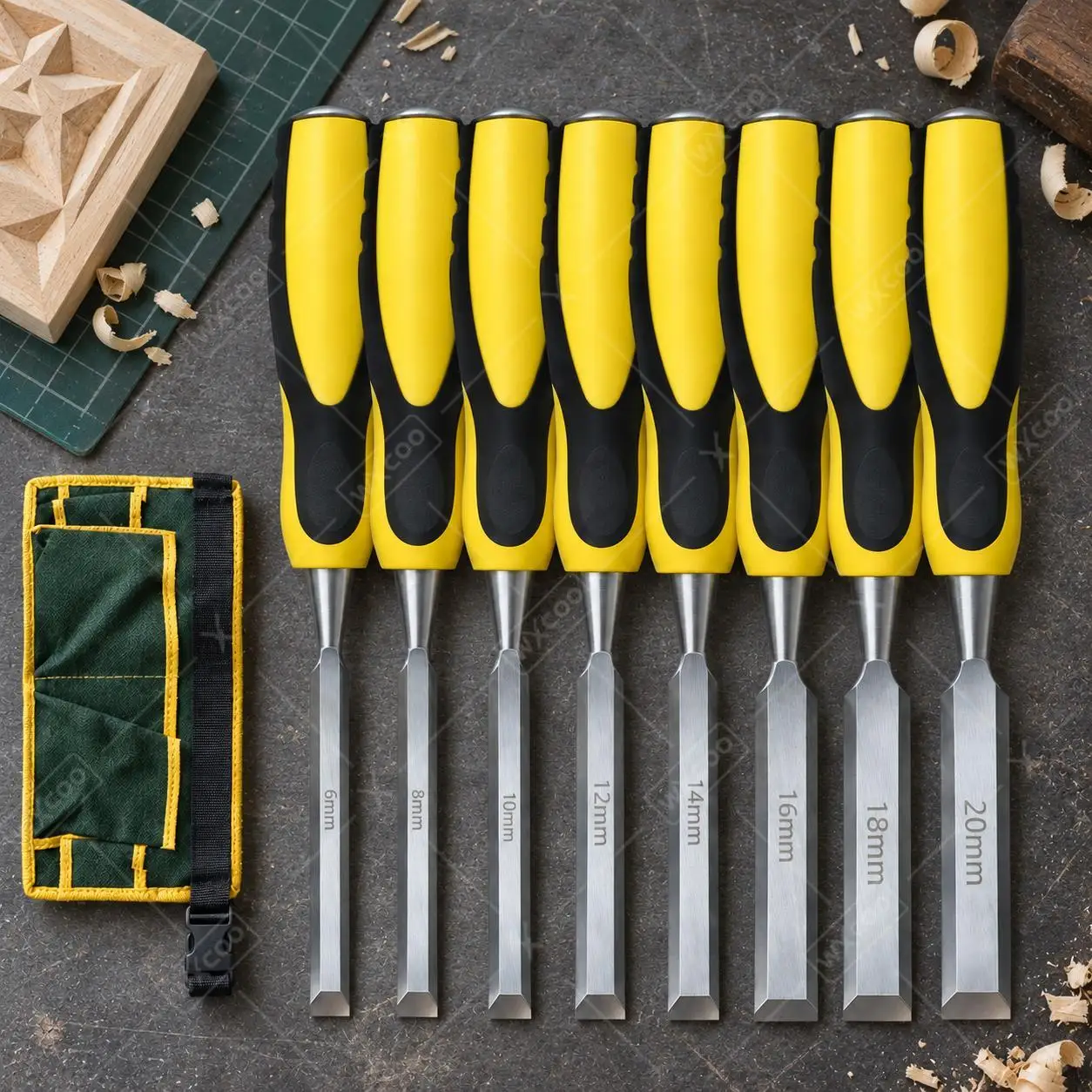 WXCOO Flat Chisel Set 6mm to 24mm Steel Ergonomic Handle Woodworking DIY Woodcut Carving Tools for Carpenter and Wood Craft Work