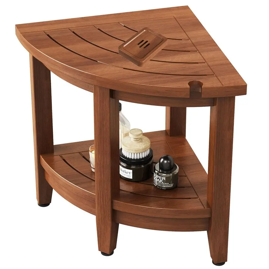 

18 Teak Corner Shower Stool, Inside Shower Stool with Storage Shelf, Waterproof Teak Stool for Shaving Legs and to Sit On, 2Tie