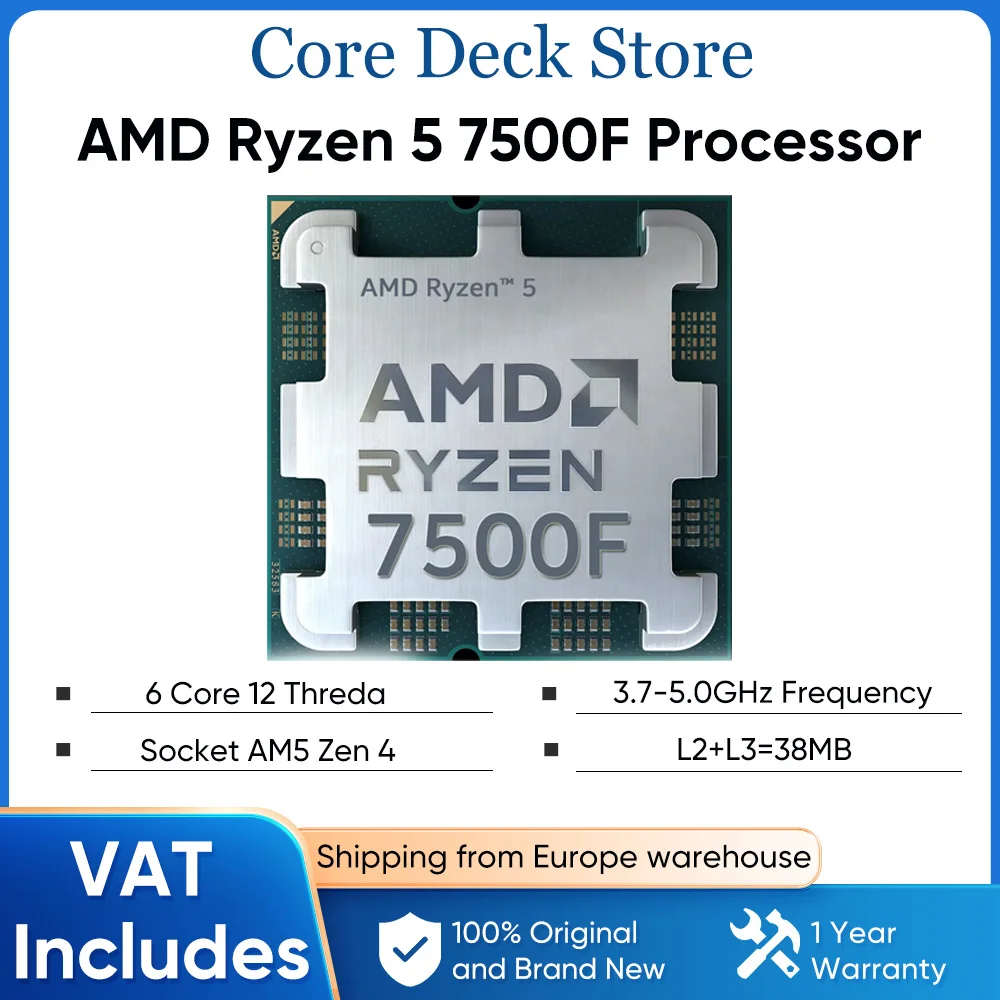 Image of AMD Ryzen 5 7500F Prozessor 3,7GHz 6 Kerne 12 Threads 32MB Game-Cache-Speicher TPD 65W Zen 4 Socket AM5 R5 7500F Bis zu 5,0 GHz DDR5 5200MHz Desktop-PC-Spiele-CPU