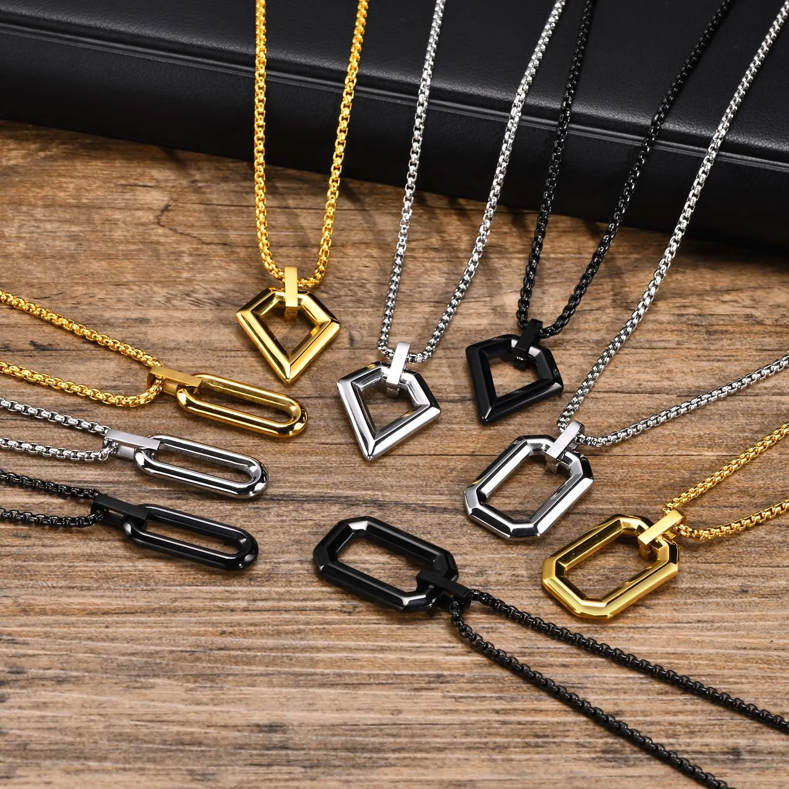 Mens Simple Geometric Necklaces for Boys,Waterproof Stainless Steel Hollow Square Polygon Pendant Collar, Gifts for Him Jewelry