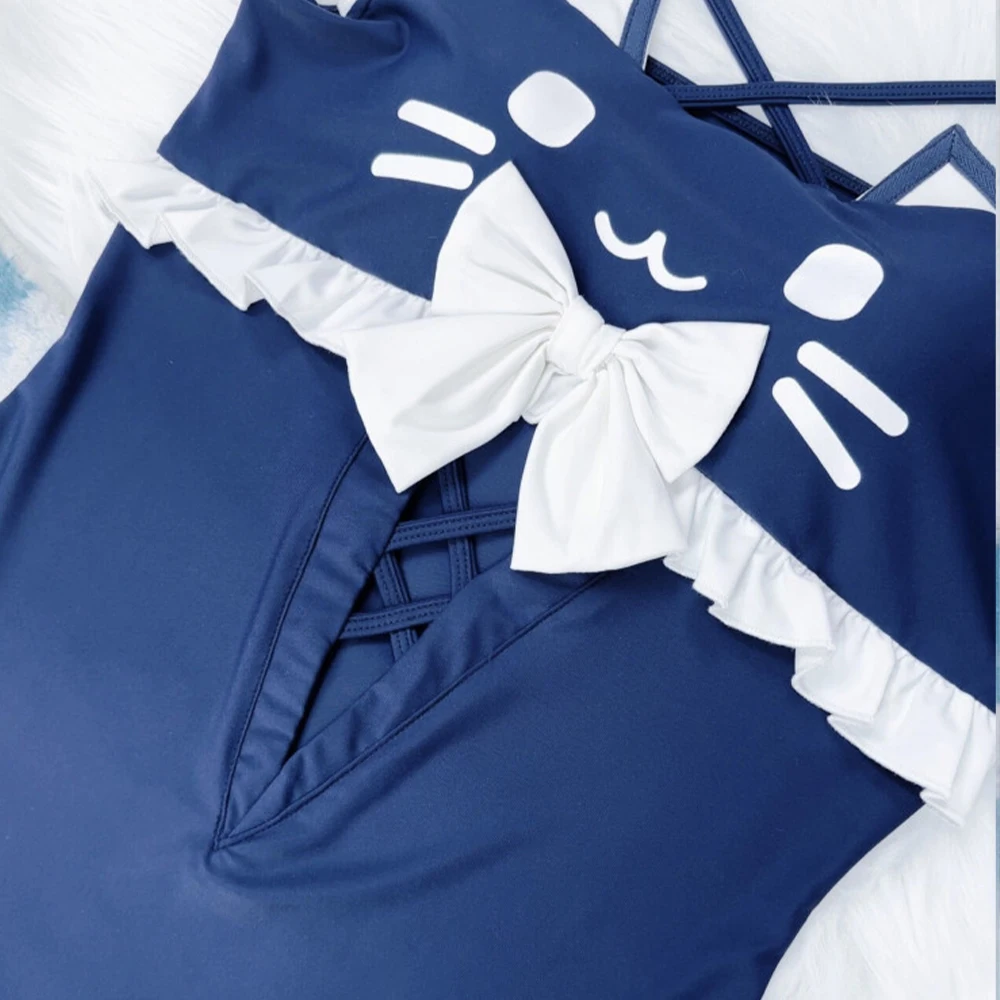 Japanese Women's Sweet and Cute Kawaii Bikini Lace Bow Cat Collar One-Piece Swimsuit Cute Girl Sweet Ruffled Edges 2026 New Item view 2
