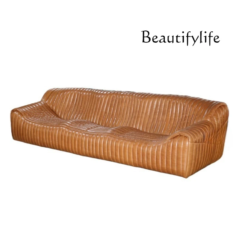 Medieval wave sofa oil wax leather French retro leather living room B & B caramel leather sofa