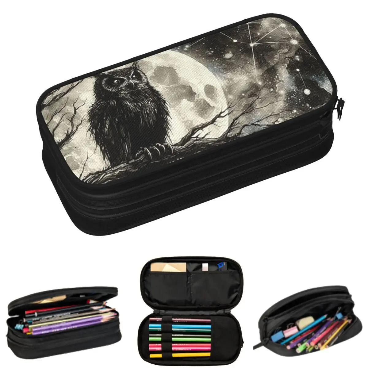 

Gothic Owl Stands On A Branch Pencil Cases for Student School Pen Box Pencil Bag Large Capacity Pencil Pouch