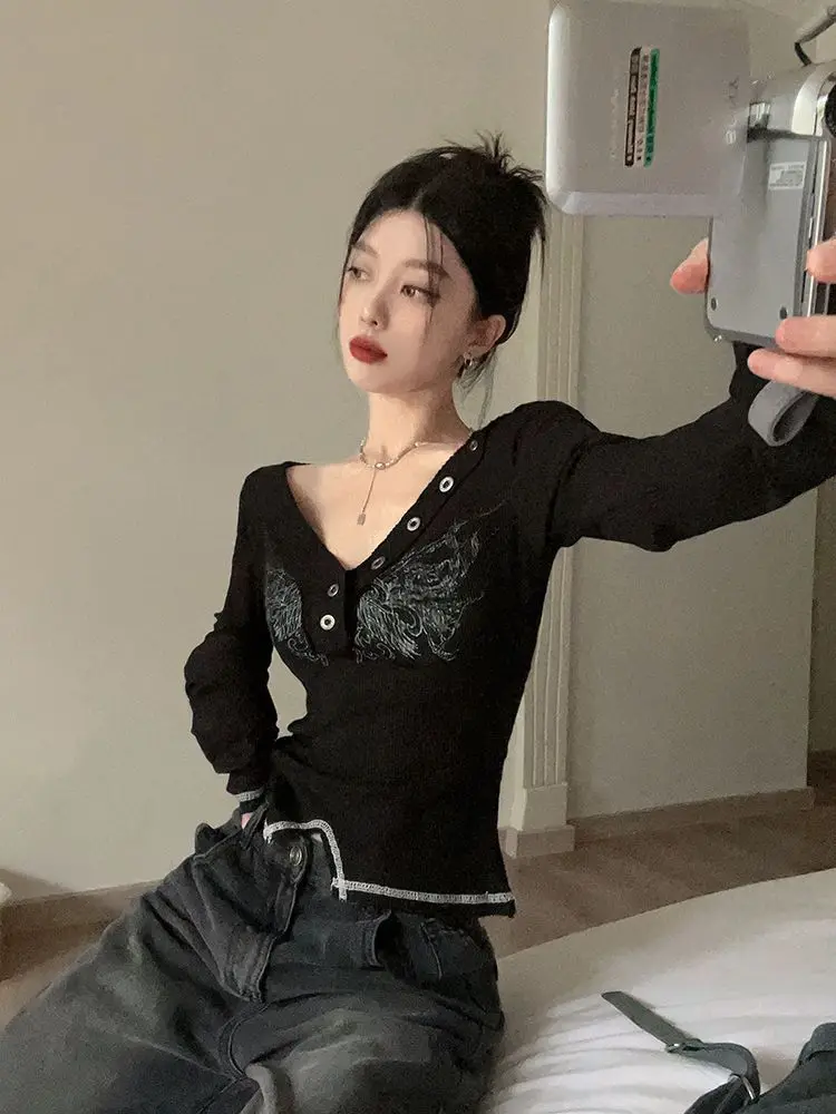 Cseta Fena Slim Fit de Manga Curta Y2K Americana Doce e Picante, Novo Design Único e Chic para Primavera e Outono