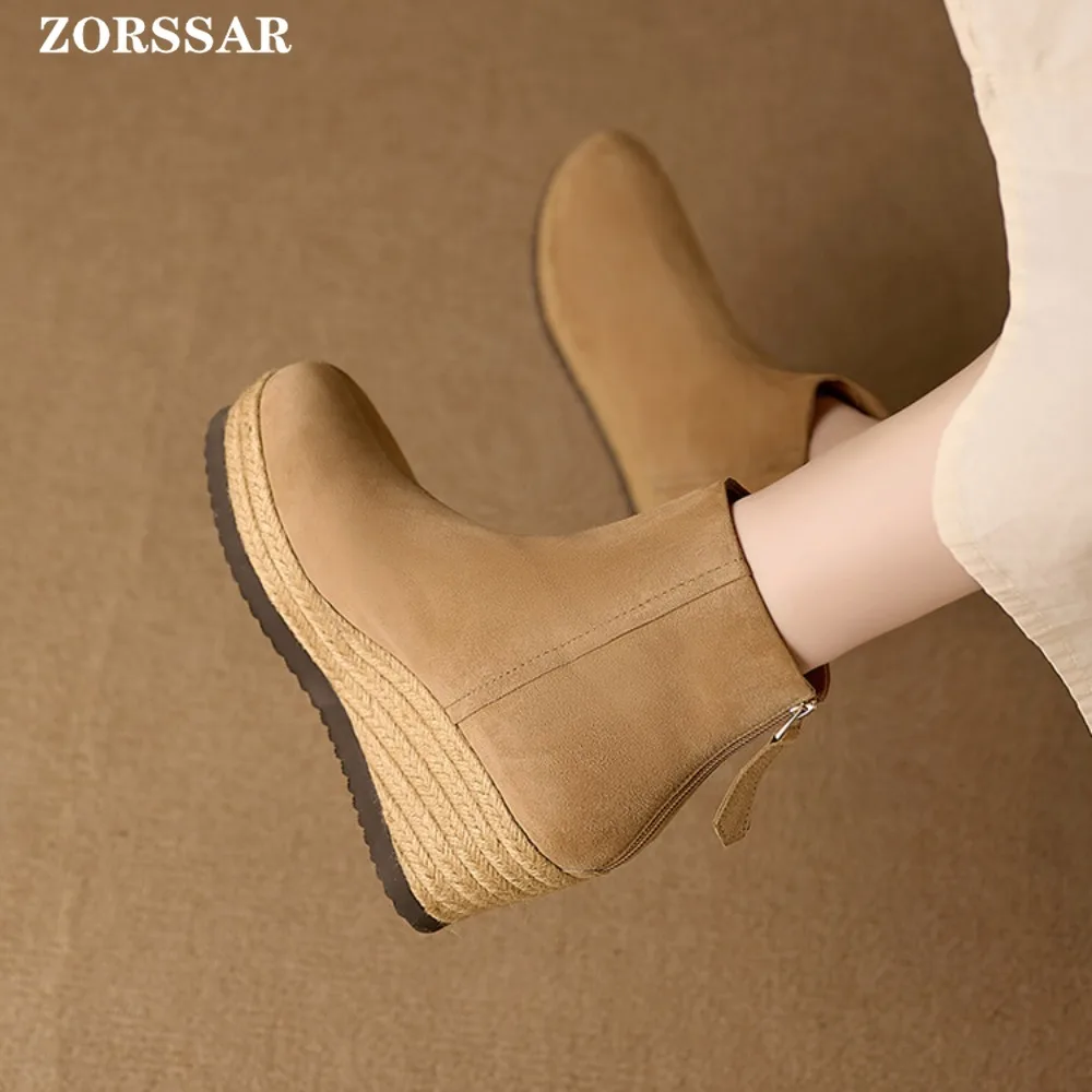 العلامة التجارية تصميم حذاء نسائي بكعب عالٍ Bootie طفل الجلد المدبوغ الإناث الأحذية الحديثة منصة النساء الأحذية موضة أسافين حذاء من الجلد المشمش الأسود #4