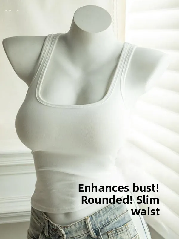 Women's Sporty  Strap Vest Integrated Design with Chest Pad Exterior Wear Inner Match Workwear Style Slim Fit Pure Color