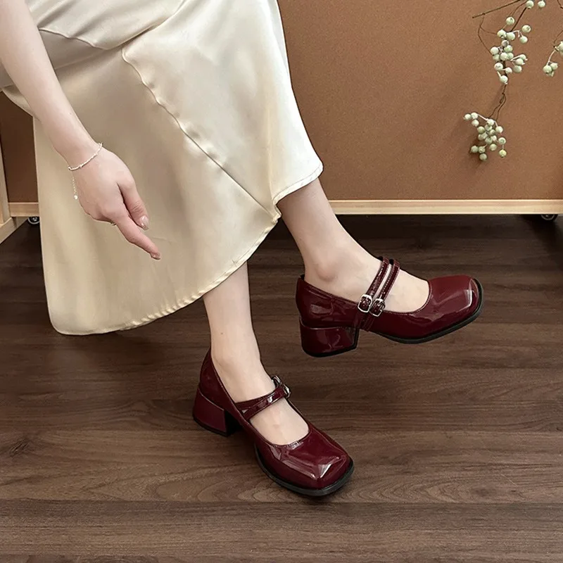 Spring Autumn Patent Leather Women Mary Jane Shoes Fashion Shallow Square Toe Pumps Casual Dress Chunky Middle Heel Women Shoes