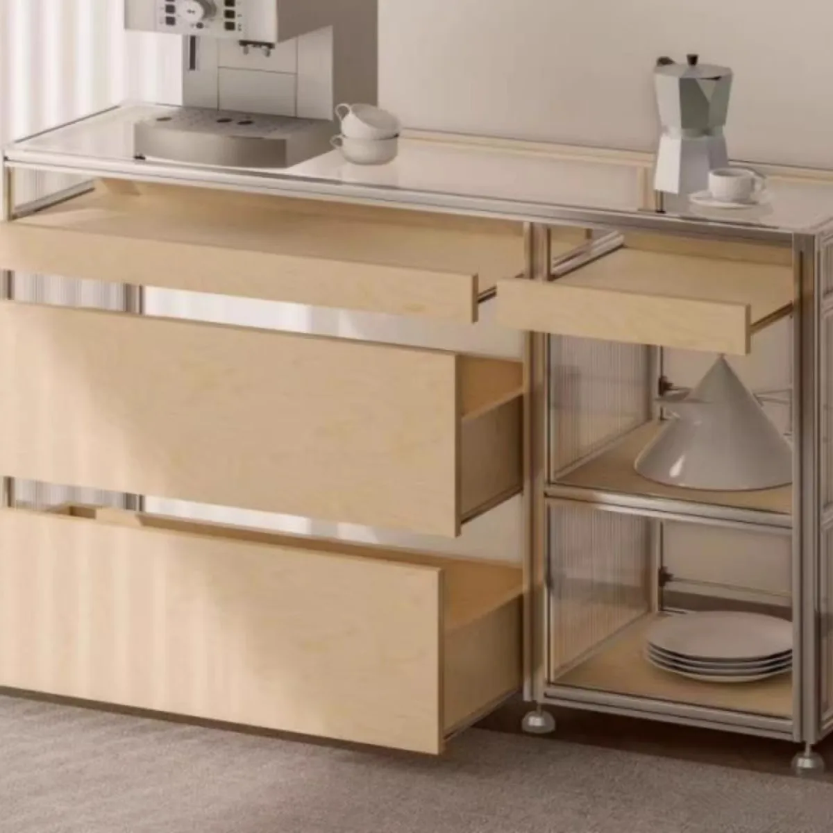 Birch ocean board dining side cabinet light luxury aluminum profile storage cabinet living room bedroom with drawers storage