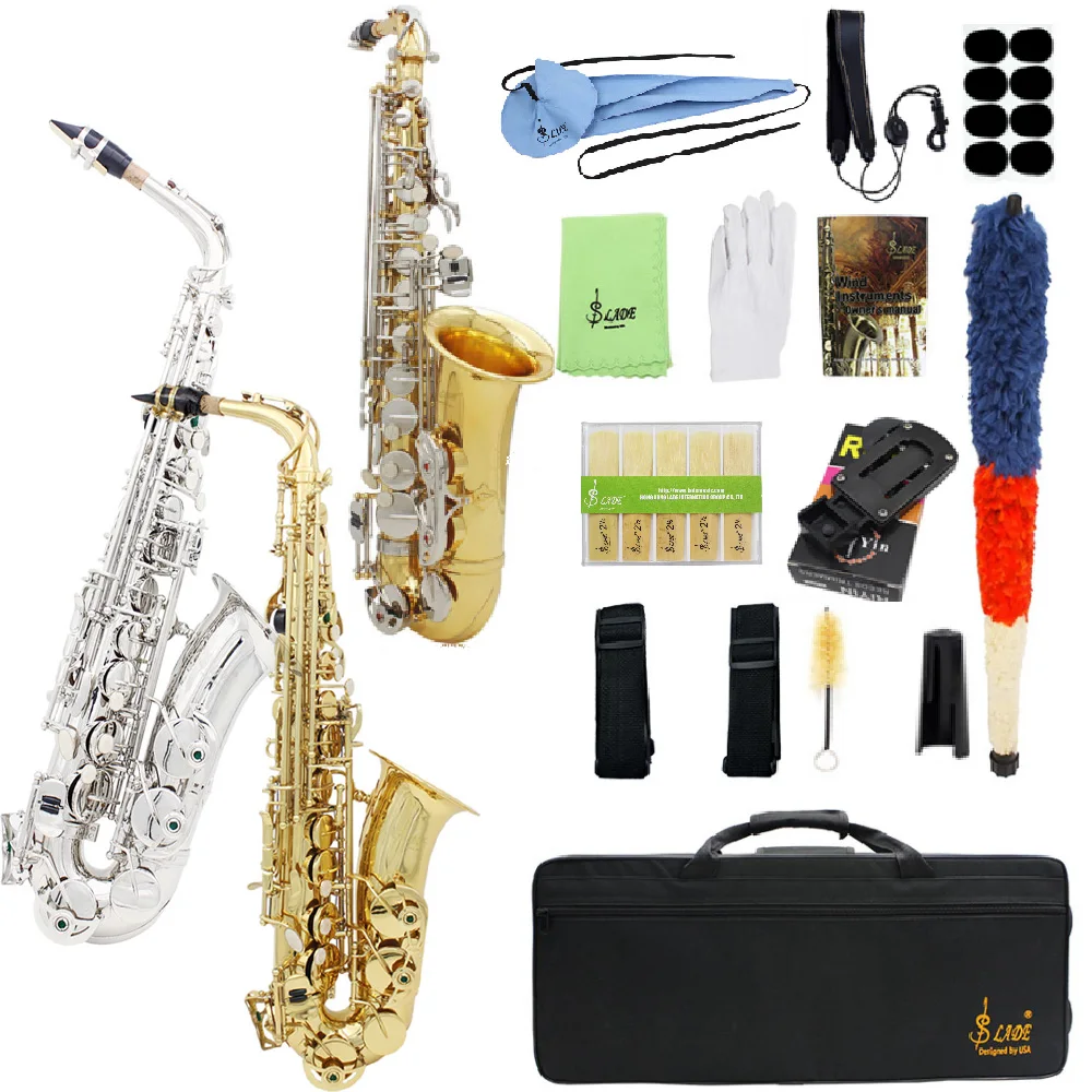 

SLADE Eb Alto Saxophone Gold Silver E Flat Tonality Saxophone Brass Body Carved White Shell Button Sax with Case Strap Gloves