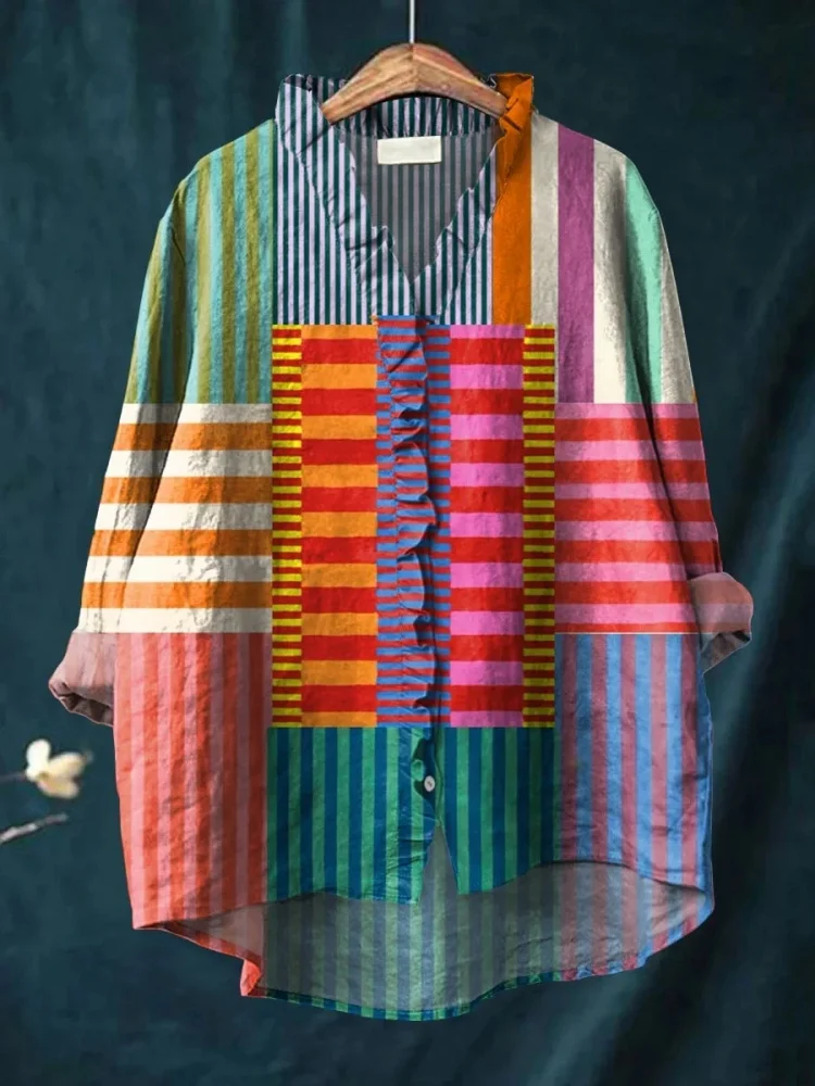 

Plus Size Women's Shirt Casual Loose Long Sleeve V-neck Blouse Oversize Abstract Geometric Art Print Ruffle Stitch Summer Tops