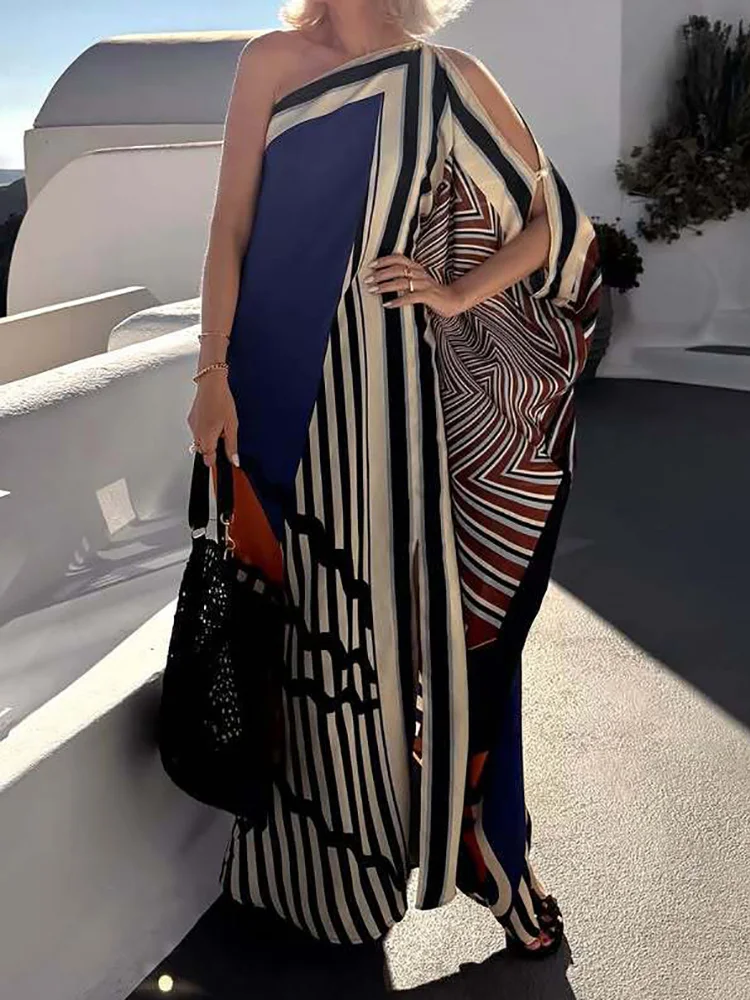 Patchwork Inclined shoulder Fashion Party Dress, Women Summer Beach Elegant Maxi Dress, 2026 Casual Diagonal Collar Ladies Dress