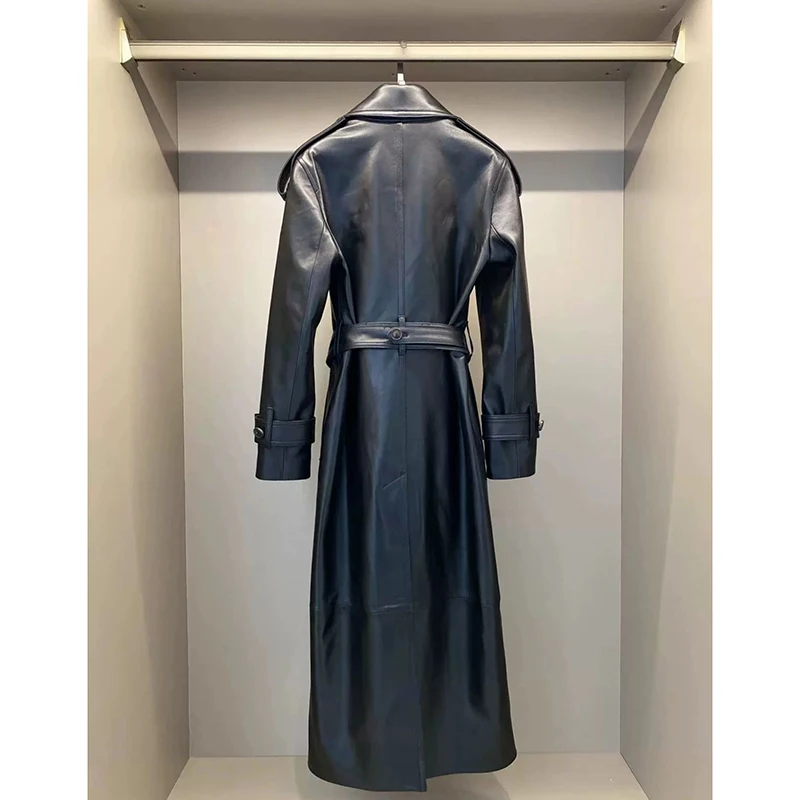 Women Leather Jacket Autumn Winter Black/Red Coffee Sheepskin Lapel Double Breasted  Belt Slim Show Tall Long Trench Coat Dress