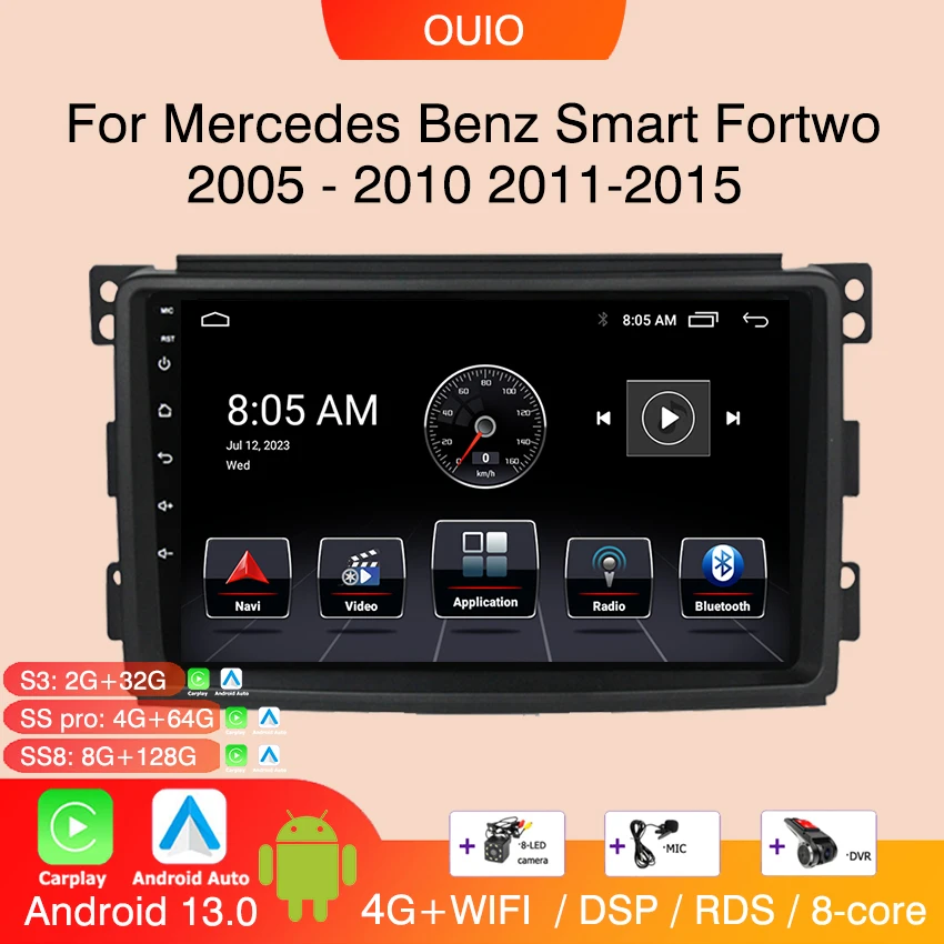 

2din Android 13 Car Radio Multimedia Player Carplay Auto GPS Navigation DSP For Mercedes Benz Smart Fortwo 2005 - 2010 2011-2015