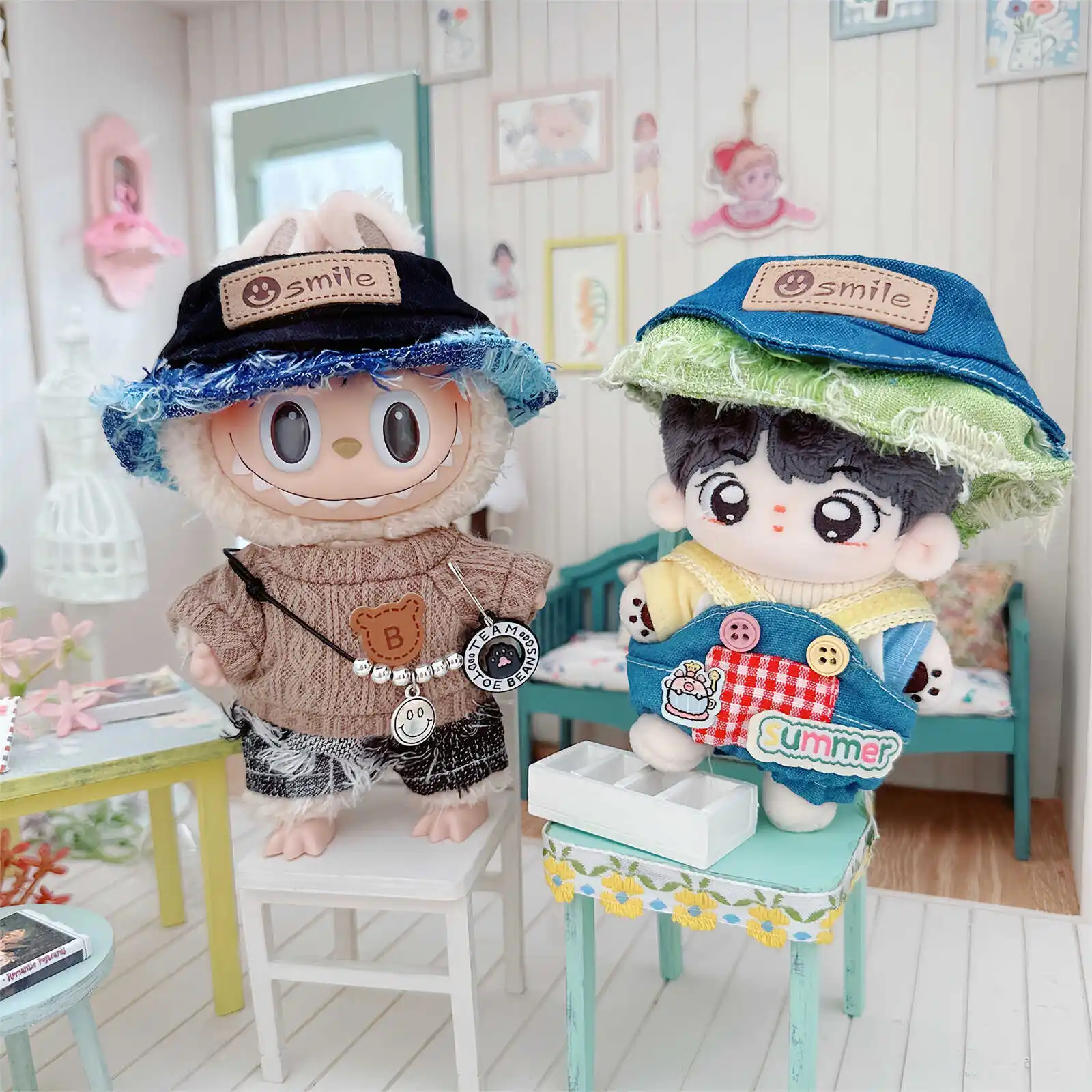 Cute Mini Plush Doll Clothes for Boys, Kawaii Rompers, Denim, Splicing Hat, Idol, Changing Clothes, Games Periphery, Gifts, 10cm