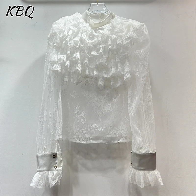 KBQ Patchwork Ruffles Bordado Blusa Elegante Para As Mulheres O Pescoço Pullover Manga Comprida High Street Camisa Solta Moda Feminina Nova