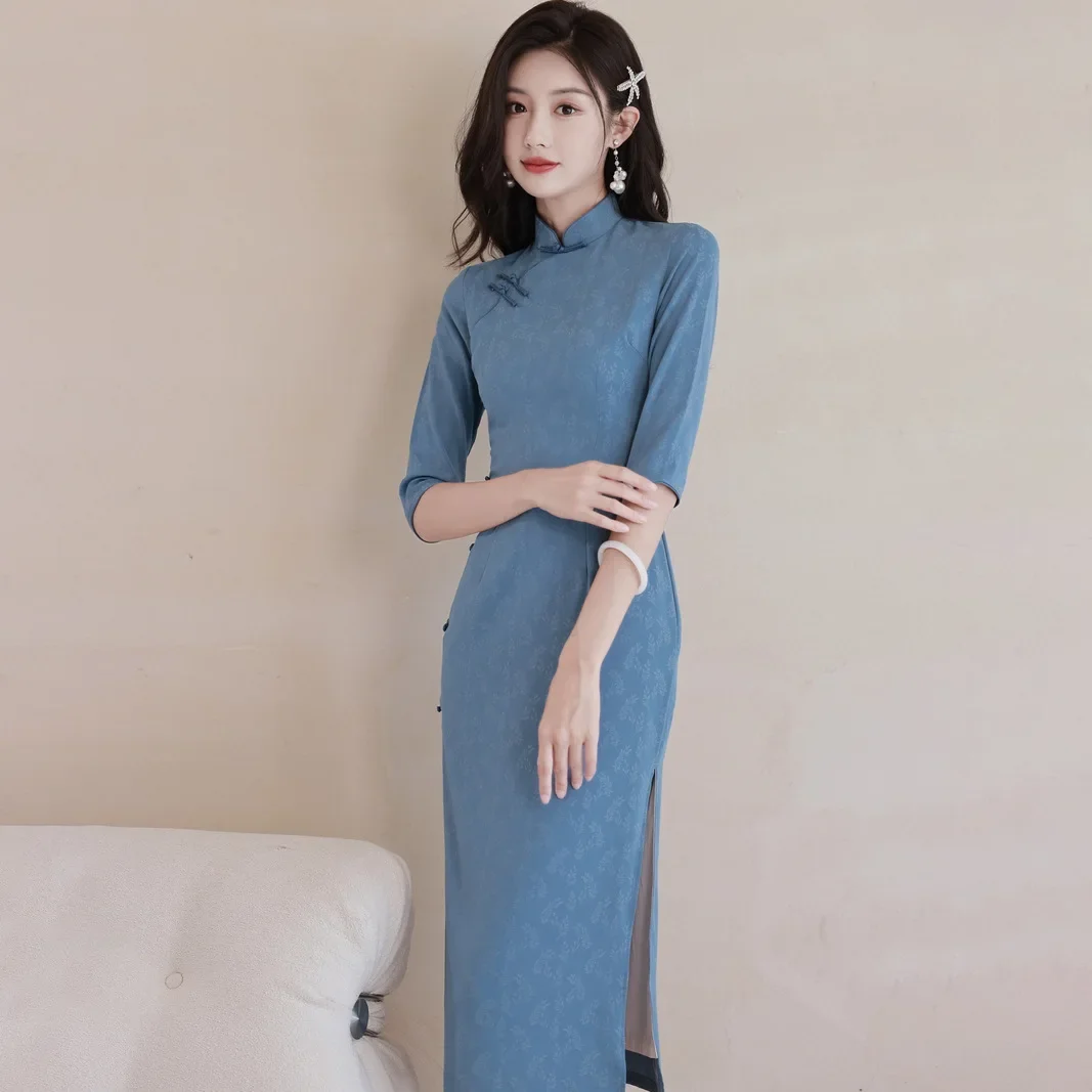 Women Half Sleeve Blue Lined Dress Chinese Style Girl Vintage Cheongsam Female Fashion Show Costume Improved Qipao