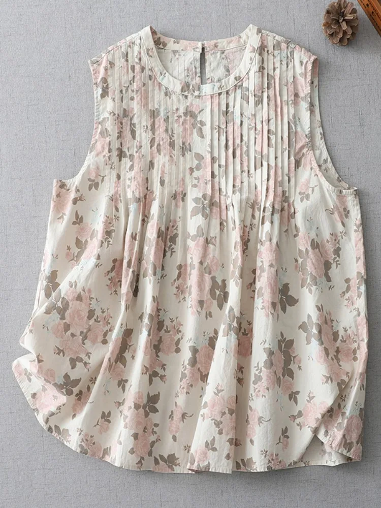 Katoenen bloemenprint Svel round Ne irt dunne zomer casual sle damestop comfortabele ademende losse pasvorm blouse