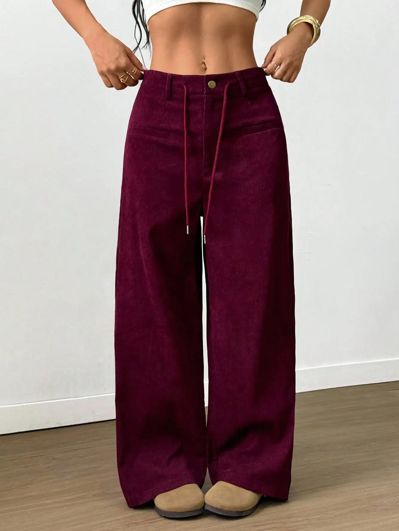 

Women's Wide Leg Drawstring Pants with Faux Pockets, Burgundy Casual Trousers