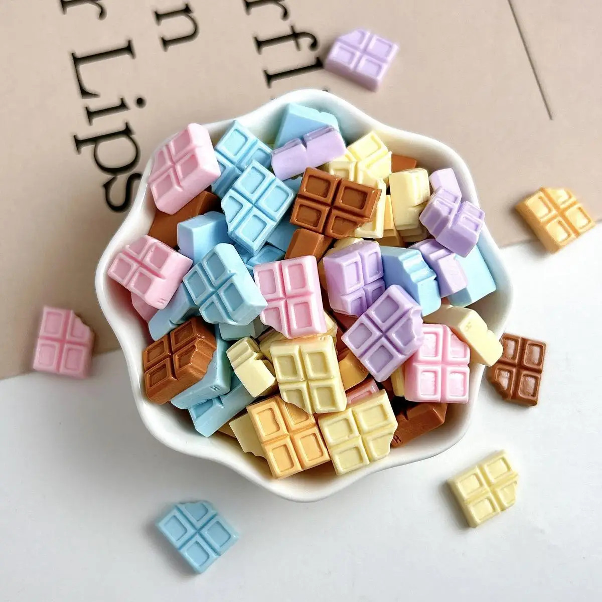 Macaron Colored Notched Chocolate Nail Art Decorations Simulated Creative Square Chocolate Resin Nail Charms Accessories DIY