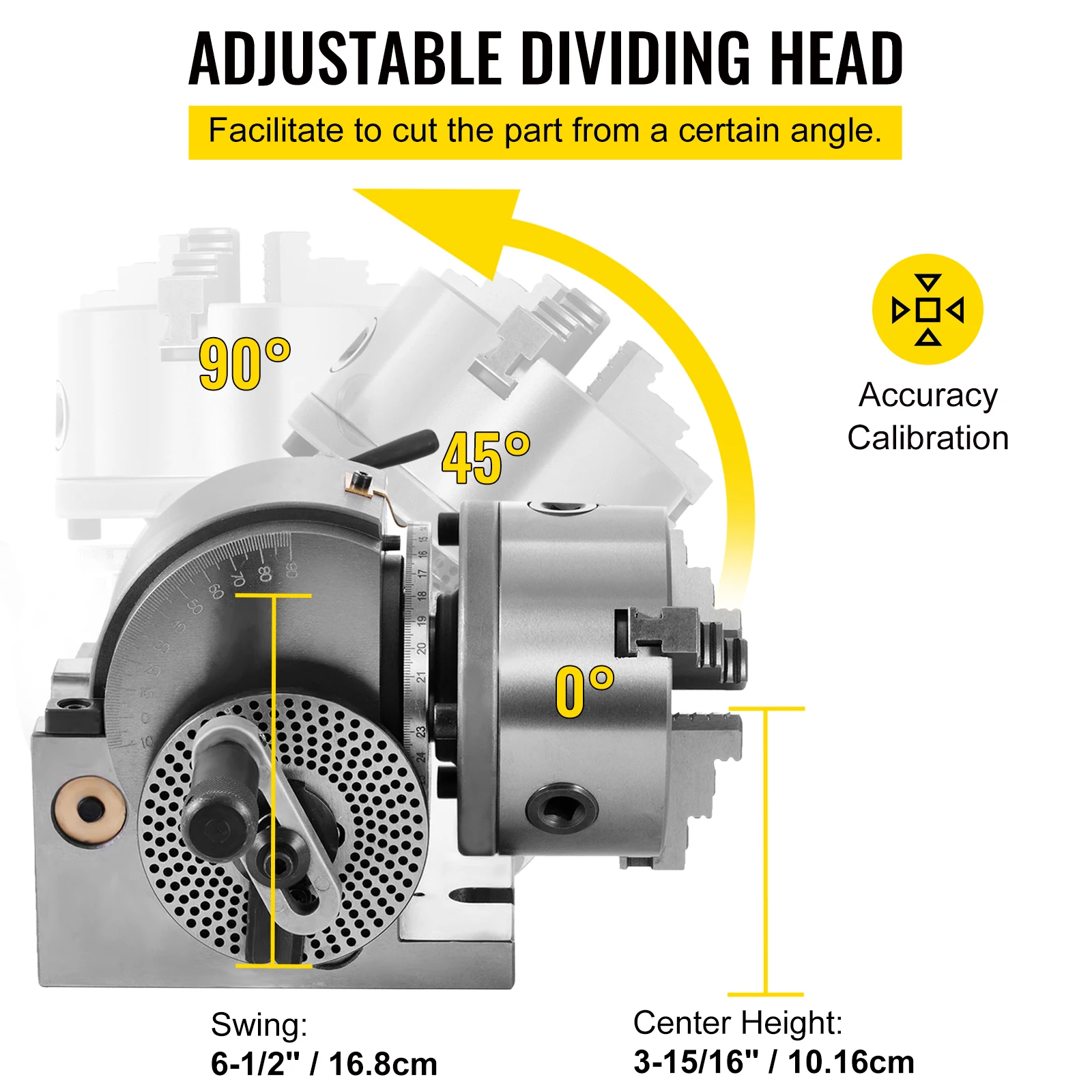 VEVOR BS-0 Cabeza Divisora de Precisión con Mandril de 3 Mordazas Contrapunto, Cabezal Divisor MT2 con Mandril de 168 mm, Cabezal Divisorio 23 kg, Altura de Centro de Indexación 100 mm con Placas