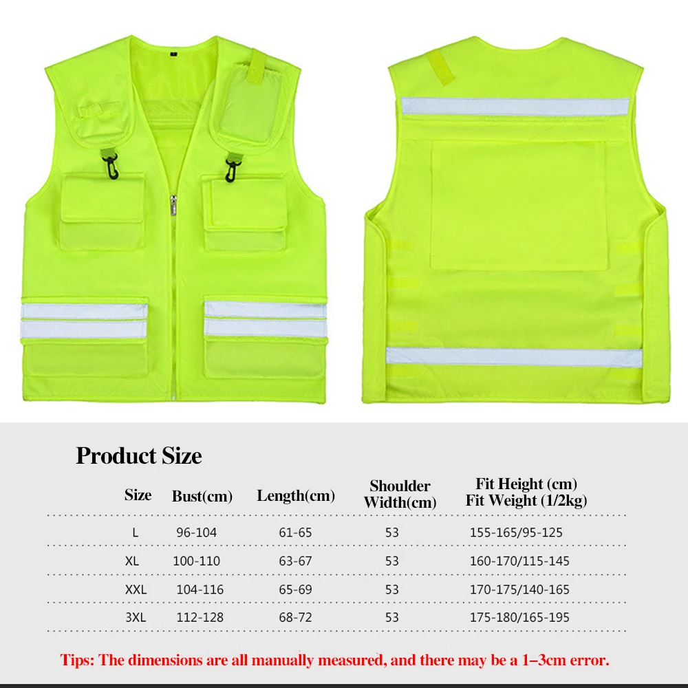 Fluorescent Vest High Visibility Reflective Work Safety Vests for Contruction Multi Pocket Workwear Men\'s Tops Safety Jacket