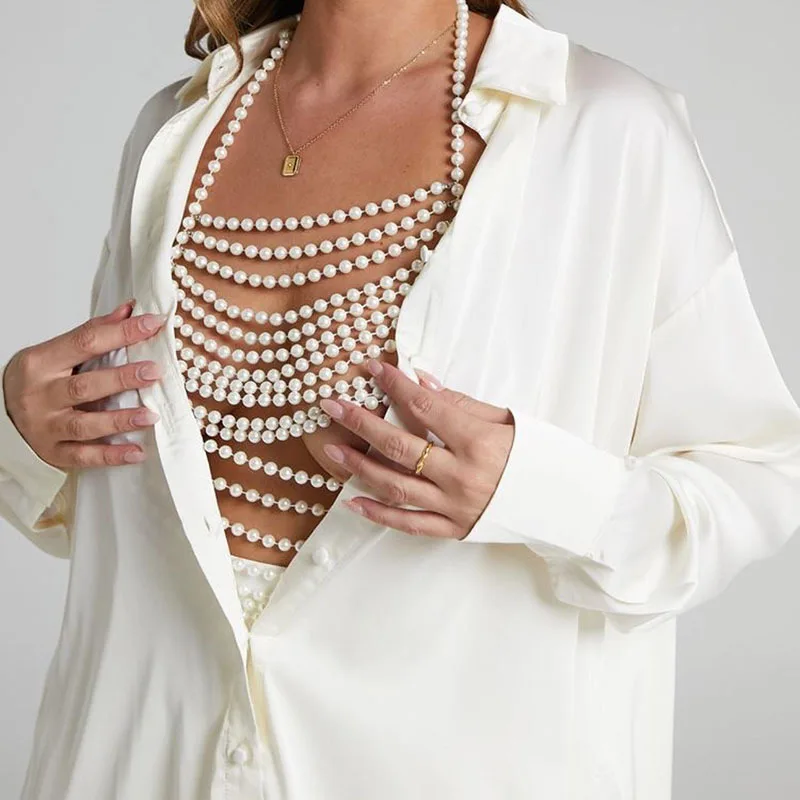 2023Hand-beaded hollowed-out backless body chain blouse with multi-layer beaded chain vest