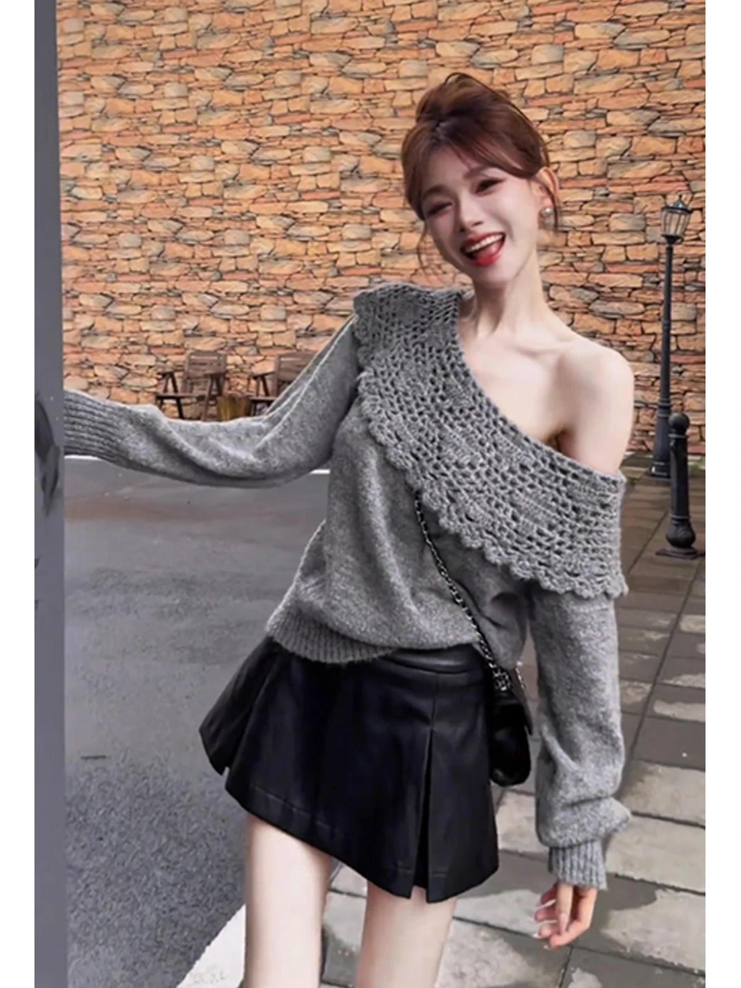 

ay Asymmetrical oulder Hollow out Lace Collar Knitwear Women's Autumn Winter Thi Soft Loose Lazy Sweater Warm Faion