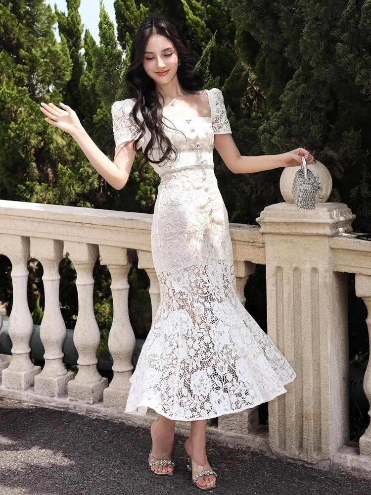 Ele Autunno New SP Home Diamante Impreziosito Nodo Colletto Quadrato Vita Cinched Lace Fi Tail Dr