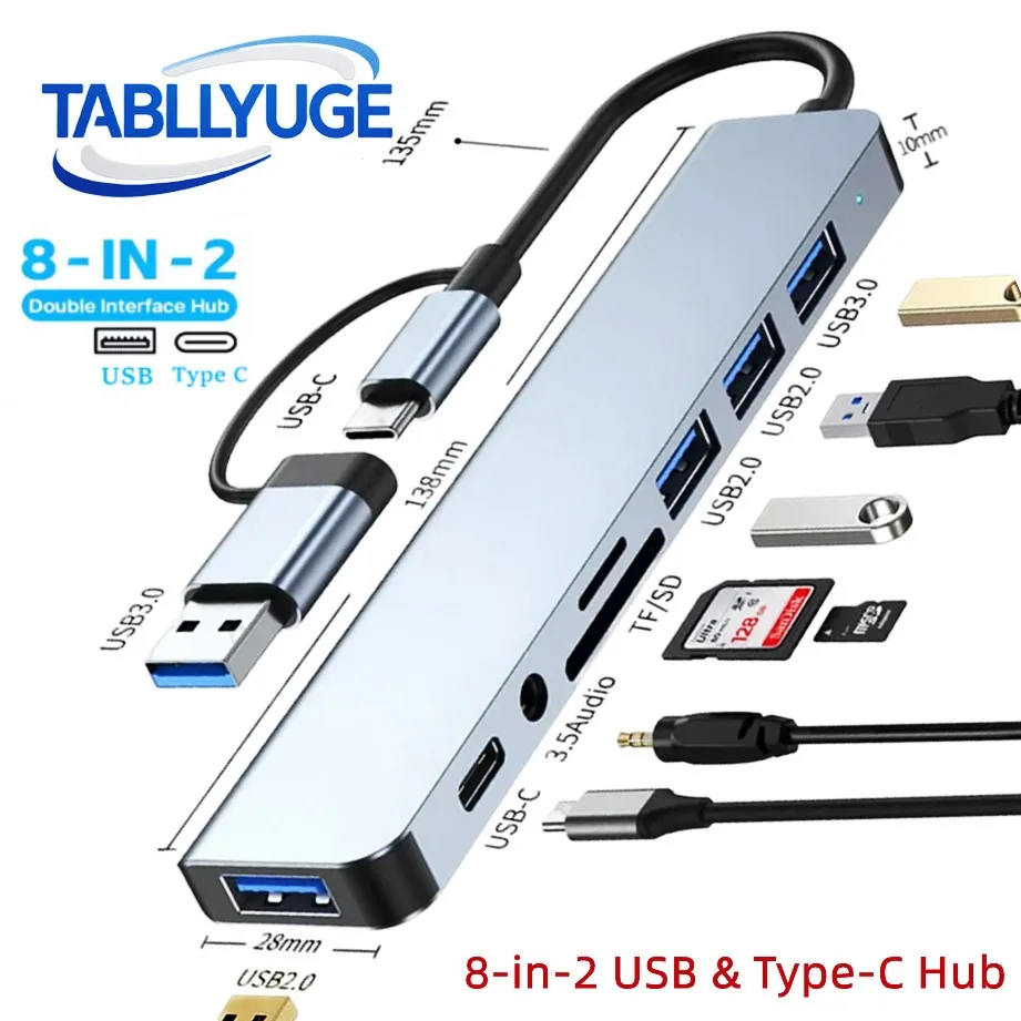 TYPE-C Hub USB3.0 8 in 2 USB Extender with SD/TF Card Reader & 3.5mm Audio Jack for MacBook/PC/Laptop/Tablet Devices Splitter