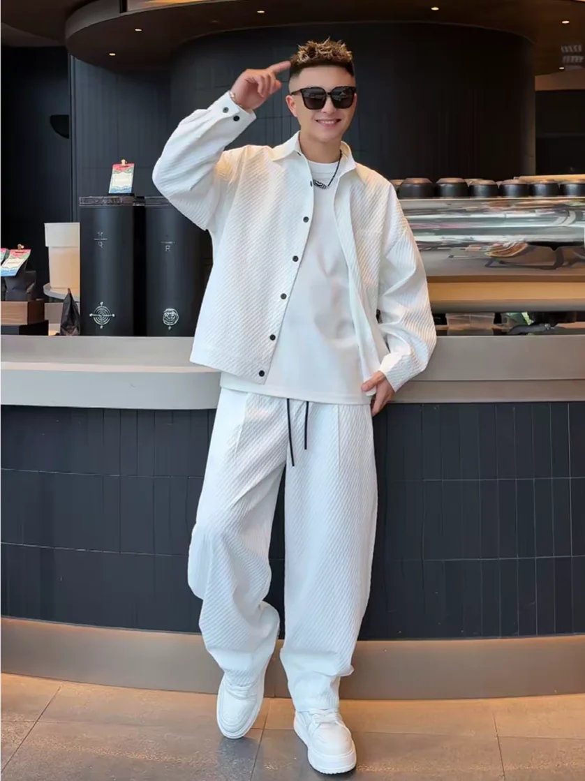 Spring Summer Men's Fashion Bubble Cloth Wide Leg Pants Shirt Lightweight Casual Set Design Sensation Two Piece Suit